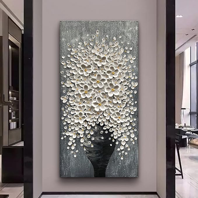 Epicler 20x40 Hand-Painted Painting for Wall Decoration, White Bouquet in vase, Home Wall Decoration.