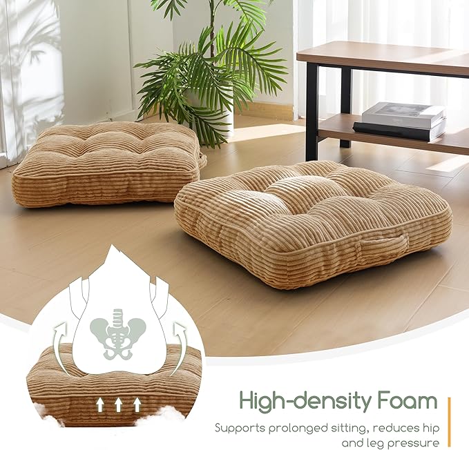 HIGOGOGO Washable Floor Pillow Cushion for Adults, Meditation Cushion Pillow, Large Square Floor Sitting, Removable Tufted Corduroy Cover, for Tatami Living Room or Yoga, 22x22 Inch, Machine Washable