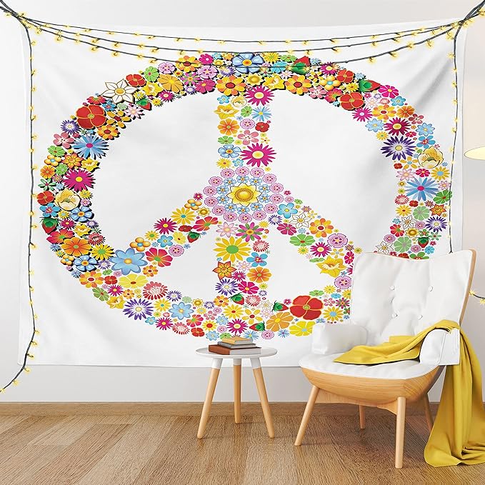 Ambesonne Groovy Tapestry King Size, Floral Peace Sign Summer Spring Blooms Love Happiness Themed Illustration Print, Wall Hanging Bedspread Bed Cover Wall Decor, 104" X 88", Red White