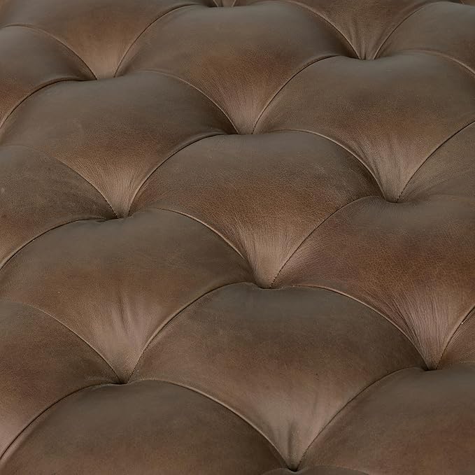 Poly & BARK Ascot Ottoman – 40" Round Pouf with Feather-Down Topper – Full-Grain Leather Upholstered Pouf Ottoman for Living Room – Vintage Italian Leather in Cocoa Brown