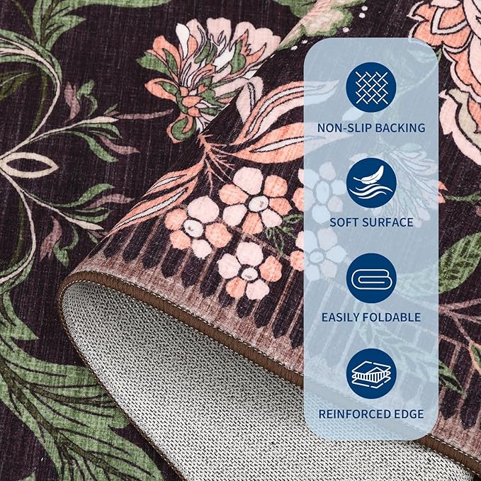 GarveeHome Plum Pink Floral Botanical 2.5x8 Washable Kitchen Runner Rugs Non Slip Black Purple Vintage Boho Cottage Long Rug for Hallways Bedroom Entryway Bathroom Mat with Rubber Back