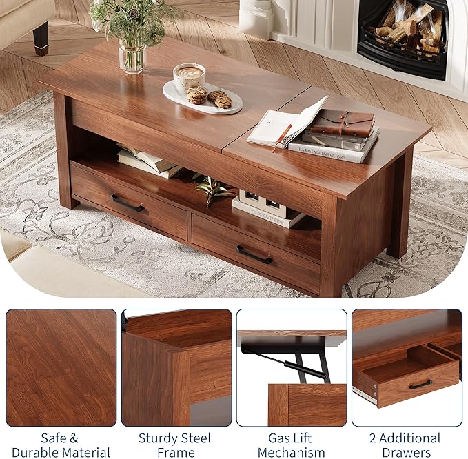 IDEALHOUSE 47.2" Coffee Table with Storage, Multi-Function Lift Top Coffee Table with Wooden Lift Tabletop, 2 Drawers and Hidden Compartment, Central Table for Living Room Home Office, Brown