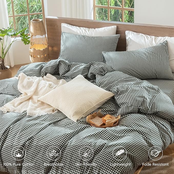 MooMee Gingham Duvet Cover Set 100% Washed Cotton Linen Like Textured Breathable Durable Soft Comfy Modern Checkered Design (Mini Gingham Forest Green, Queen 90"x90")