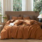 MooMee Wavy Striped Duvet Cover Set 100% Washed Cotton Linen Like Textured Breathable Durable Soft Comfy (Dark Orange, Cal King 104"x98")