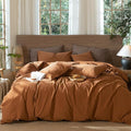MooMee Wavy Striped Duvet Cover Set 100% Washed Cotton Linen Like Textured Breathable Durable Soft Comfy (Dark Orange, Queen 90"x90")