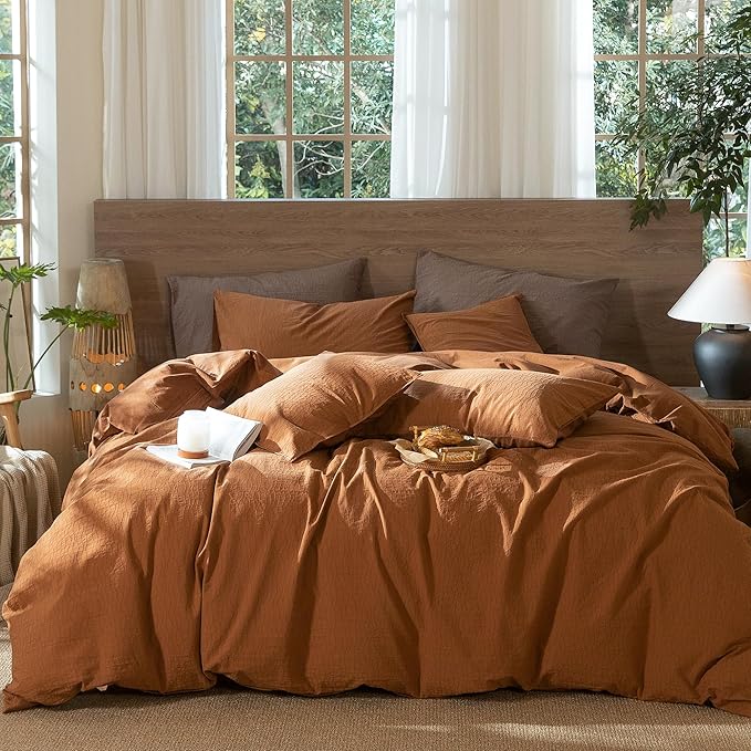 MooMee Wavy Striped Duvet Cover Set 100% Washed Cotton Linen Like Textured Breathable Durable Soft Comfy (Dark Orange, King 104"x90")