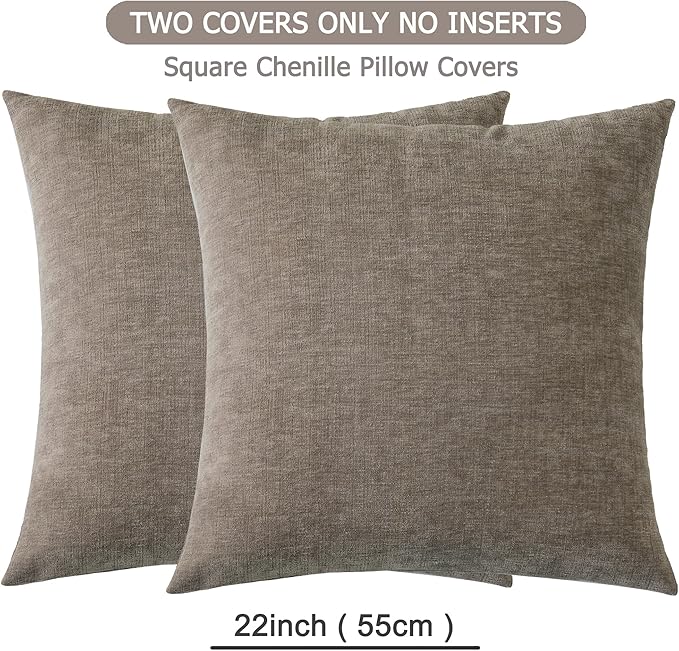 GAWAMAY Decorative Square Throw Pillow Covers Set of 2, Super Soft Chenille Farmhouse Fall Pillowcase for Living Room Bedroom Sofa Couch Home Decoration Cushion Cover Taupe Grey 55x55cm/22x22