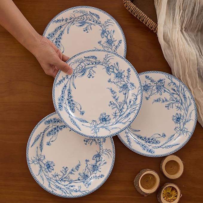 Bico Blue Garden Toile De Jouy Salad Plates Set of 4, 8.75 Inch Ceramic Dessert Plates for Salad, Appetizer, Side Dishes, Microwave and Dishwasher Safe, Gift for Housewarming and Thanksgiving