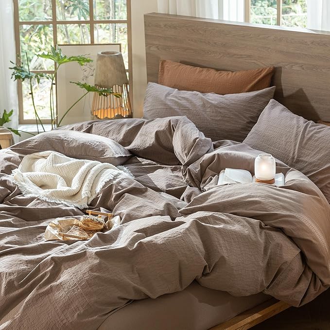MooMee Wavy Striped Duvet Cover Set 100% Washed Cotton Linen Like Textured Breathable Durable Soft Comfy (Brown, Palatial King/Oversized King 120"x98")
