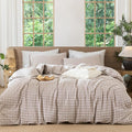 MooMee Gingham Duvet Cover Set 100% Washed Cotton Linen Like Textured Breathable Durable Soft Comfy Modern Checkered Design (Brown Gingham, Super Queen 90"x98")