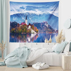 Ambesonne Landscape Tapestry, Photo of Bled in Slovenia with Lake Snowy Mountains and a Castle Pastoral Scenery, Fabric Wall Hanging Decor for Bedroom Living Room Dorm, 30" X 45", Blue Lavender