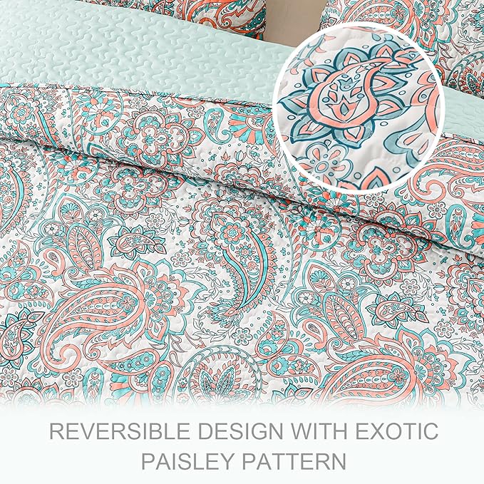 Exclusivo Mezcla Reversible Boho Quilts Queen Size, Aqua Bedspreads Lightweight Coverlet All Season Paisley Quilt Bedding Set with Printed Floral Pattern (1 Quilt, 2 Pillow Shams)