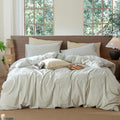 MooMee Striped Duvet Cover Set 100% Washed Cotton Linen Like Textured Breathable Durable Soft Comfy (Sage Green White Classic Stripes, Alaska King 132"x120")