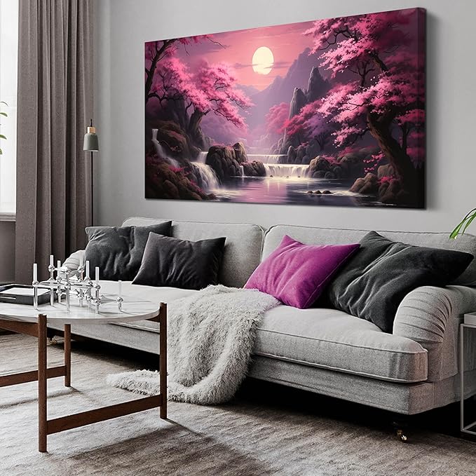 Landscape Wall Art for Living Room Bedroom Office Pink Wall Art Moon Lake Mountain Pictures Modern Artwork Framed Wall Decor Canvas Prints 29x59 In