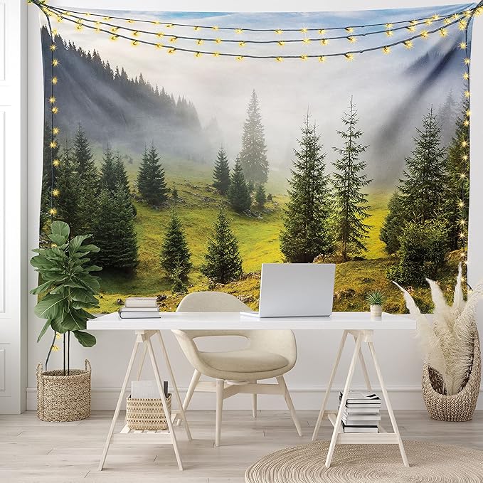 Ambesonne Forest Tapestry King Size, Fir Trees on Meadow Between Hillsides Conifer Woodland in Fog Before Sunrise, Wall Hanging Bedspread Bed Cover Wall Decor, 104" X 88", Gray Green