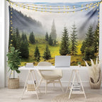 Ambesonne Forest Tapestry King Size, Fir Trees on Meadow Between Hillsides Conifer Woodland in Fog Before Sunrise, Wall Hanging Bedspread Bed Cover Wall Decor, 104" X 88", Gray Green