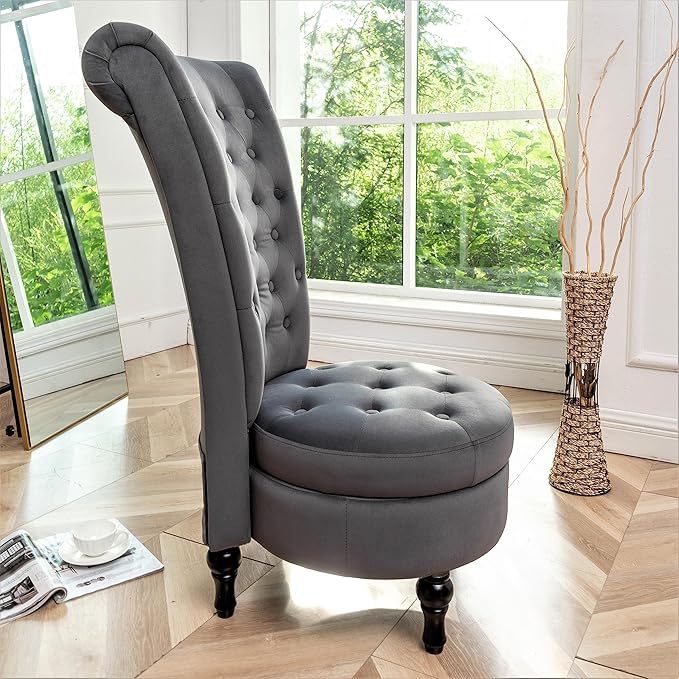 Royal High-Back Velvet Accent Chair for Vanity with Storage and Luxurious Upholstery, Retro Design and Versatile Usage for Livingroom, Bedroom, Lounge and Office, Grey
