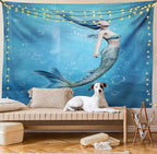 Ambesonne Underwater Tapestry, Mermaid Fishtail Floating Bubbles Mythical Creature Ocean Life Art Print, Fabric Wall Hanging Decor for Bedroom Living Room Dorm, 30" X 45", Blue Gray