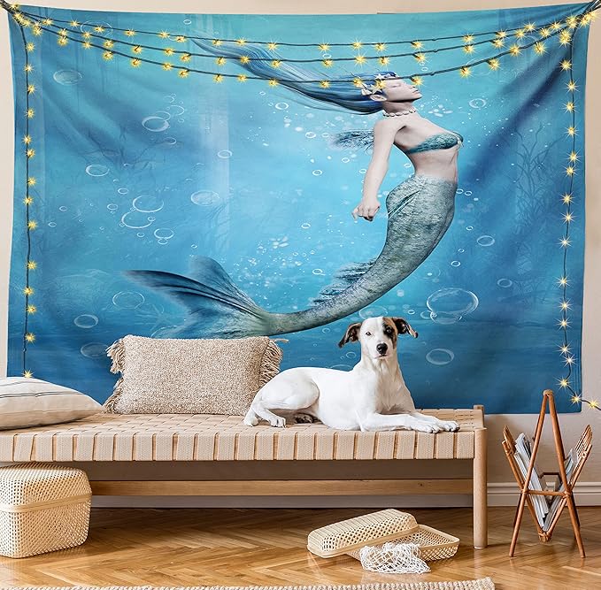 Ambesonne Underwater Tapestry Twin Size, Mermaid Fishtail Floating Bubbles Mythical Creature Ocean Life Art Print, Wall Hanging Bedspread Bed Cover Wall Decor, 68" X 88", Blue Gray