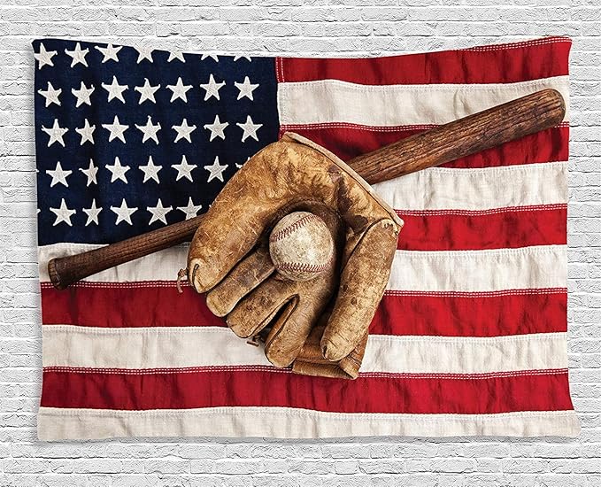 Ambesonne Baseball Tapestry, Vintage Baseball League Equipment Usa Grunge Glove Bat Fielding Sports Theme, Wide Wall Hanging for Bedroom Living Room Dorm, 80" X 60", Red Brown