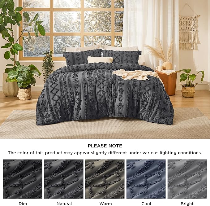 Bedsure Tufted Boho Comforter Set King Size - Dark Grey Boho Bed Set, GentleSoft™ 3 Pieces Farmhouse Shabby Chic Embroidery Bedding, Gifts for Woman, Soft Jacquard King Comforter for All Seasons