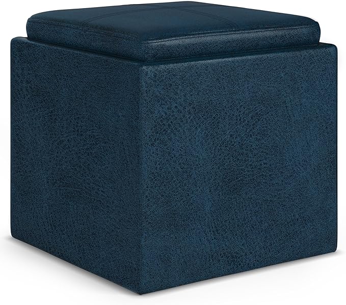 SIMPLIHOME Rockwood Cube Storage Ottoman with Tray - 17 inch Wide Upholstered Vegan Leather Square Storage Ottoman in Distressed Dark Blue, Contemporary Cube Ottoman for Living Room with Serving Tray