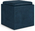 SIMPLIHOME Rockwood Cube Storage Ottoman with Tray - 17 inch Wide Upholstered Vegan Leather Square Storage Ottoman in Distressed Dark Blue, Contemporary Cube Ottoman for Living Room with Serving Tray