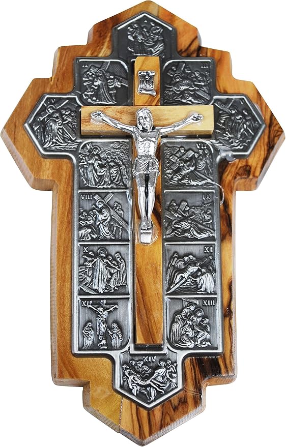 Olive Wood Crucifix - icon showing 14 Stations of the Cross etched on metal (14x9x1 cm or 5.5x3.5x.4 inch)