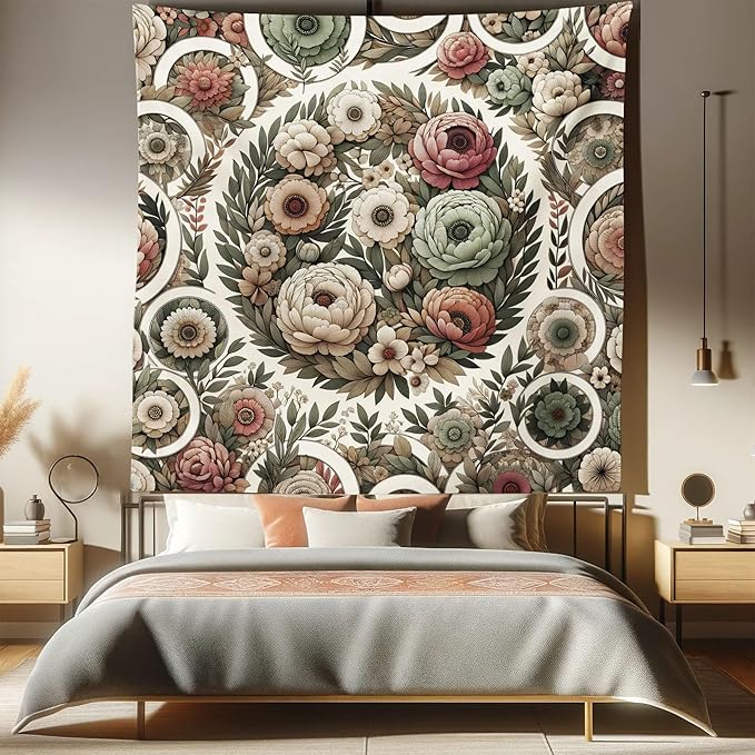 Ambesonne Flower Tapestry Queen Size, Circular Floral Wreath with Greenery Leaves Ornaments Modern Cottagecore, Wall Hanging Bedspread Bed Cover Wall Decor, 88" X 88", Reseda Green Pale Ruby
