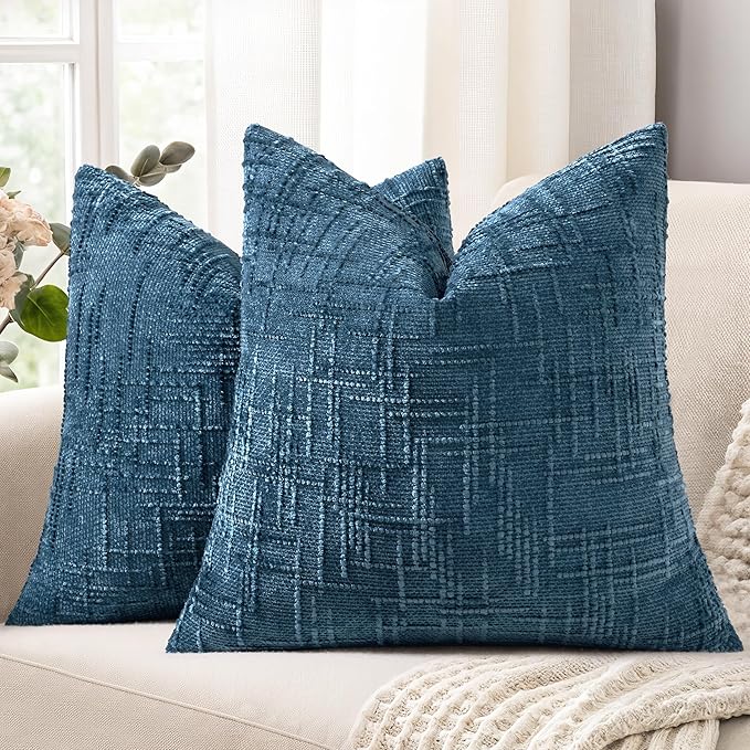 decorUhome Spring Navy Blue Chenille Throw Pillow Covers 16x16 Set of 2 Textured Soft Cozy Slubby Couch Pillow Covers Modern Farmhouse Boho Decorative Pillow Cases for Bed Sofa Living Room