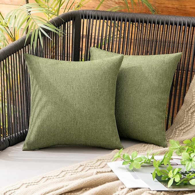 MIULEE Pack of 2 Decorative Outdoor Solid Waterproof Throw Pillow Covers Christmas Faux Linen Garden Farmhouse Cushion Cases for Patio Tent Balcony Couch Sofa 12x12 Inch Dark Green