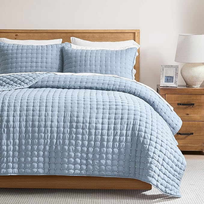 WDCOZY King Size Quilt Bedding Sets with 2 Pillow Shams, Lightweight Soft Bedspread Coverlet, Quilted Blanket Thin Comforter Bed Cover for All Season, 3 Pieces, 104x90 inches, Blue