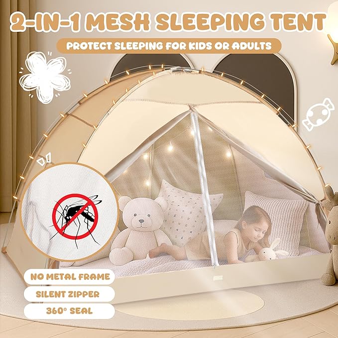 LEEDOR Bed Canopy for Kids/Adults,Mosquito Net & Privacy Tent 2-in-1 Bed Tent, Mesh & Blackout Cloth Double Design Dream Tent,Indoor Safety Bed Tent for Girls/Boys Full & String Lights (No Mattress)