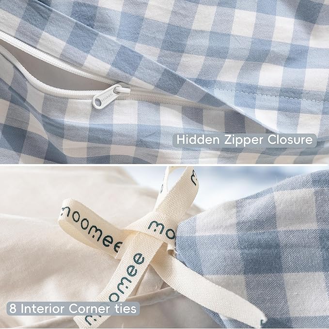 MooMee Gingham Duvet Cover Set 100% Washed Cotton Linen Like Textured Breathable Durable Soft Comfy Modern Checkered Design (Classic Gingham Cornflower Blue, Palatial King/Oversized King 120"x98")