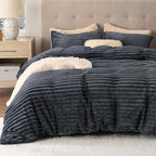 Bedsure Fluffy Duvet Cover Set - Ultra Soft Plush Shaggy Comforter Cover Queen Size, Warm Flannel Fleece Bed Sets for Winter, 3 Pieces (Striped Pattern, Dark Grey)