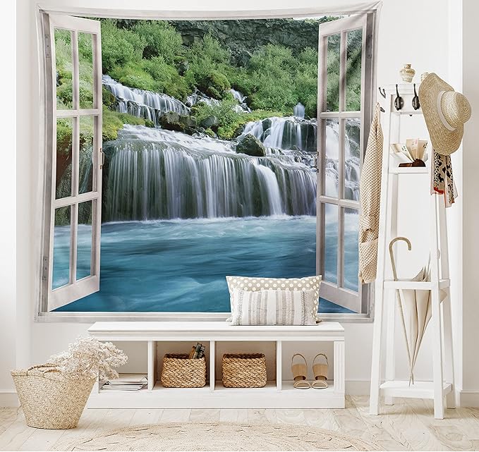 Ambesonne Waterfall Tapestry Twin Size, Majestic Waterfall Landscape Through a Window Imaginary Secret Paradise Print, Wall Hanging Bedspread Bed Cover Wall Decor, Twin Size, Blue Green
