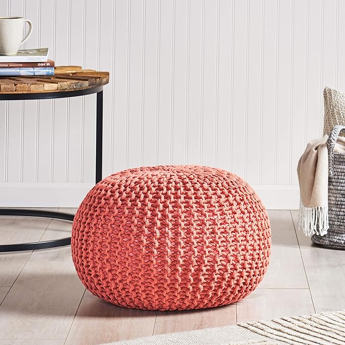 Nahunta Knitted Round Pouf - Cotton - Coral