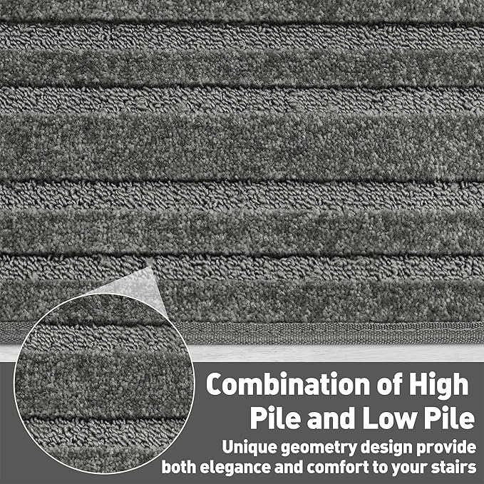 PURE ERA Bullnose Carpet Stair Treads Set Tape Free Non-Slip Indoor Stair Protectors Pet Friendly Rugs 9.5" x 30"(14 Pieces,Grey Rectangular)
