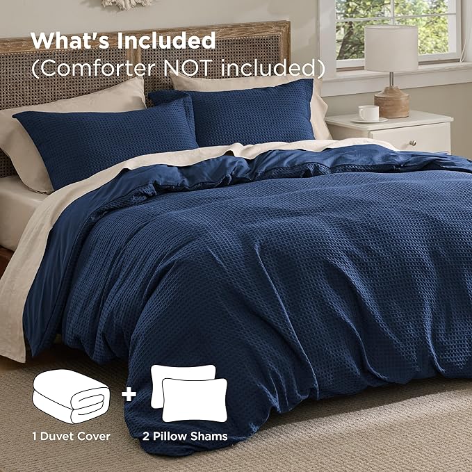 Bedsure Luxury Waffle Duvet Cover King Size - Textured Duvet Cover Set, Soft, Breathable Bedding Set (104"x90") with 2 Pillow Shams for All Season, Navy Blue, Comforter Not Included