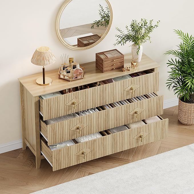 GarveeHome Fluted Dresser for Bedroom, 54 Inch Wide 6-Drawer Wood Dresser, Modern Chest of Drawers, Storage Organizer Cabinet for Living Room, Hallway, Entryway, Natural Oak