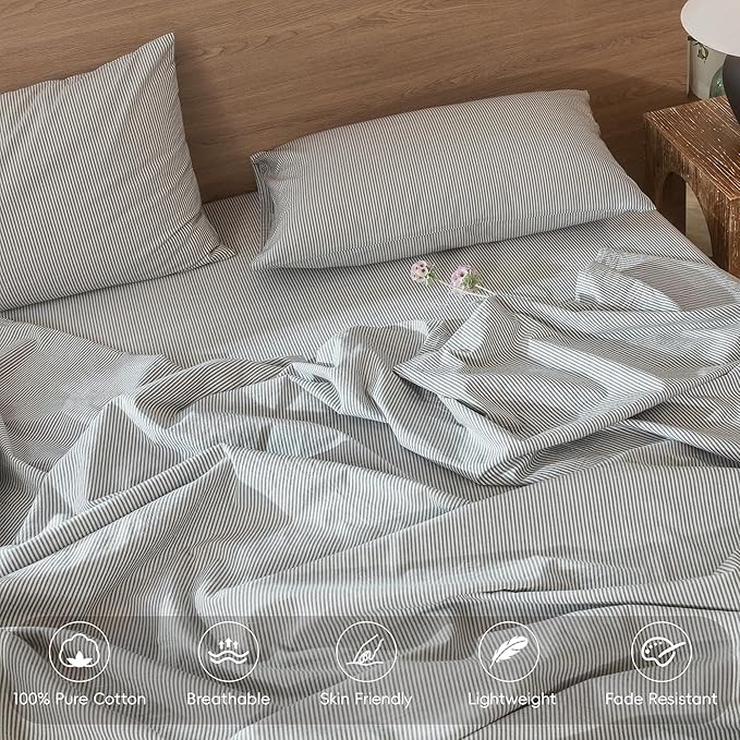 MooMee Striped Duvet Cover Set 100% Washed Cotton Linen Like Textured Breathable Durable Soft Comfy (Dark Grey White Pinstripes, King 104"x90")