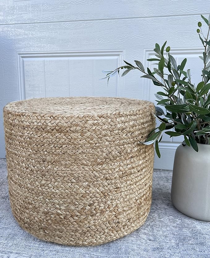 Scandilivin Homes Pouf Ottoman - 100% Natural Jute Braided- Footrest Pouf Hand Knitted - Traditional Cord Boho Pouffe - for The Living Room, Bedroom, Nursery, Patio, Lounge (18”x18”x12”)