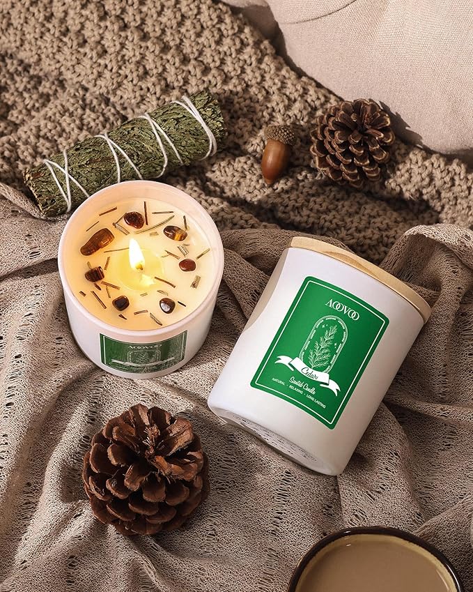 AOOVOO Cedar Scented Candles for Women - Aromatherapy Candle with Crystals Inside, 10oz Soy Candles for Home Scented, Birthday Gifts Valentines Day Candle for Women Mom