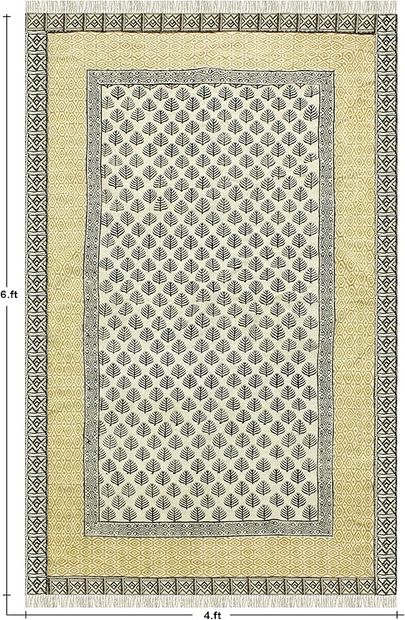 Kilim Rug 7' Square Rug Beige & Black Cotton Dhurrie Oriental Thick 0.19 inches Stone Easy Washable Rug Hand Wash Cotton Carpet Flatweave Rug Indoor Outdoor Rugs for Hall Room, Dining Room
