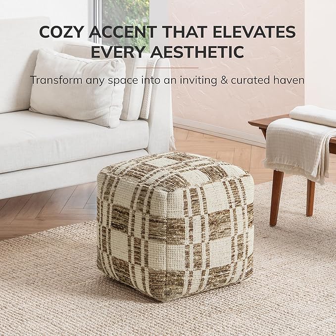 Anji Mountain Artisan Crafted Cotton Blend Pouf Ottoman | Versatile Floor Seating & Footstool for Living Room | Modern Boho Home Décor Accent | Filled Pouffe