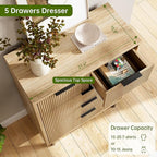GarveeHome Oak Fluted 5 Drawer Dresser for Bedroom, Modern Wood Chest of Drawers with Wide Drawers, Closet Dresser Organizer with Anti-Tipping Device and Metal Legs for Hallway Entryway
