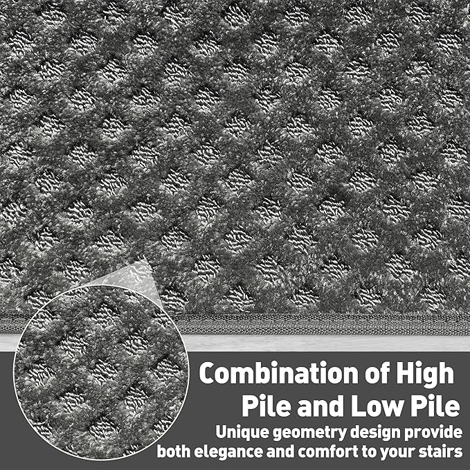 PURE ERA Bullnose Carpet Stair Treads Set Tape Free Non-Slip Indoor Stair Protectors Pet Friendly Rugs9.5" x 30"(2 Pieces,Grey Mini-Diamond Trellis)