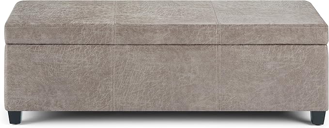 SIMPLIHOME Avalon Storage Ottoman Bench - 48 inch Wide Upholstered Vegan Leather Rectangular Lift-Top Ottoman in Distressed Grey Taupe, Contemporary Bench for Living Room with High-Density Foam