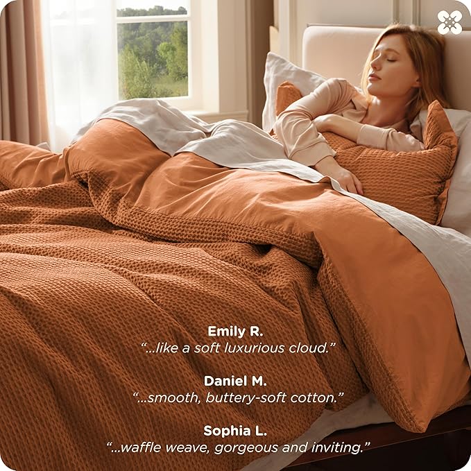 Bedsure Cotton Duvet Cover Queen Size - 100% Cotton Waffle Weave Terracotta Duvet Cover Queen Size, GentleSoft™ and Breathable Bedding Set for All Season, 3 Pieces, 90"x90"