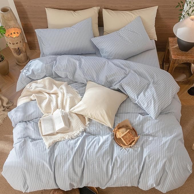 MooMee Striped Duvet Cover Set 100% Washed Cotton Linen Like Textured Breathable Durable Soft Comfy (Cornflower Blue White Wide Stripes, Palatial King/Oversized King 120"x98")